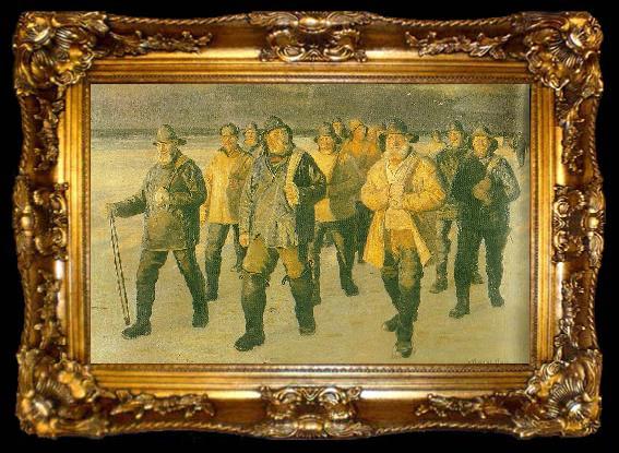 framed  Michael Ancher fiskere vender hjem fra nordstranden i aftensol, ta009-2